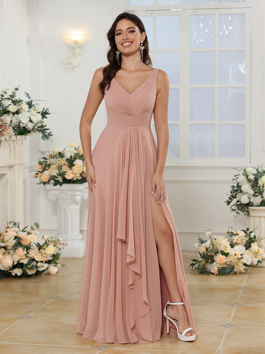 Vestidos Longos para Festa de Casamento com Decote em V e Fenda Lateral em Estilo A-Line/Princesa