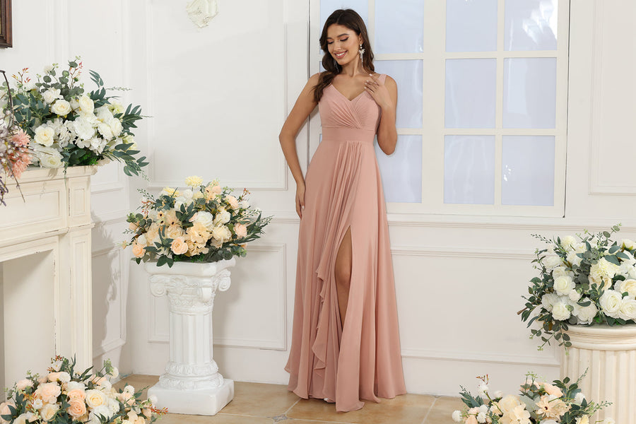 Vestidos Longos para Festa de Casamento com Decote em V e Fenda Lateral em Estilo A-Line/Princesa