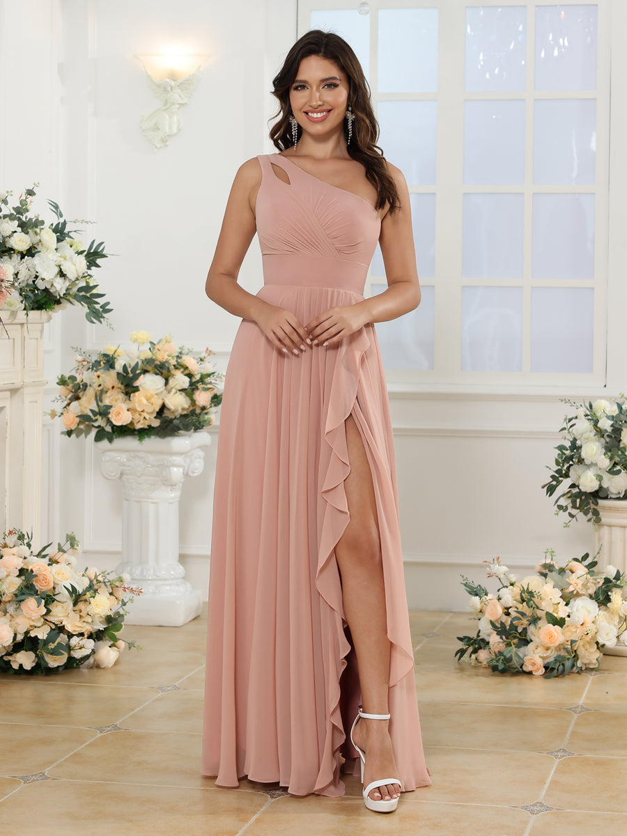 Vestidos Longos para Festa de Casamento de Um Ombro Só com Fenda Lateral em Estilo A-Line/Princesa