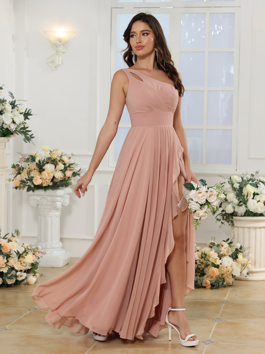 Vestidos Longos para Festa de Casamento de Um Ombro Só com Fenda Lateral em Estilo A-Line/Princesa