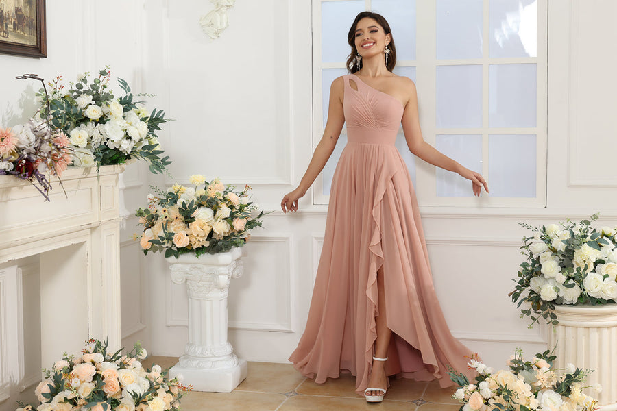 Vestidos Longos para Festa de Casamento de Um Ombro Só com Fenda Lateral em Estilo A-Line/Princesa