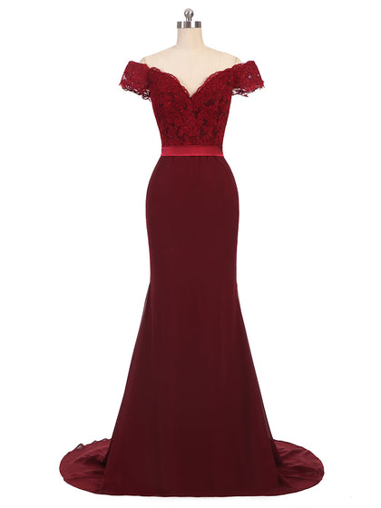 Trompete/Sereia com Decote Em V com Decote Em V Dividido Em e Apliques Até O Chão Vestidos de Dama de Honra