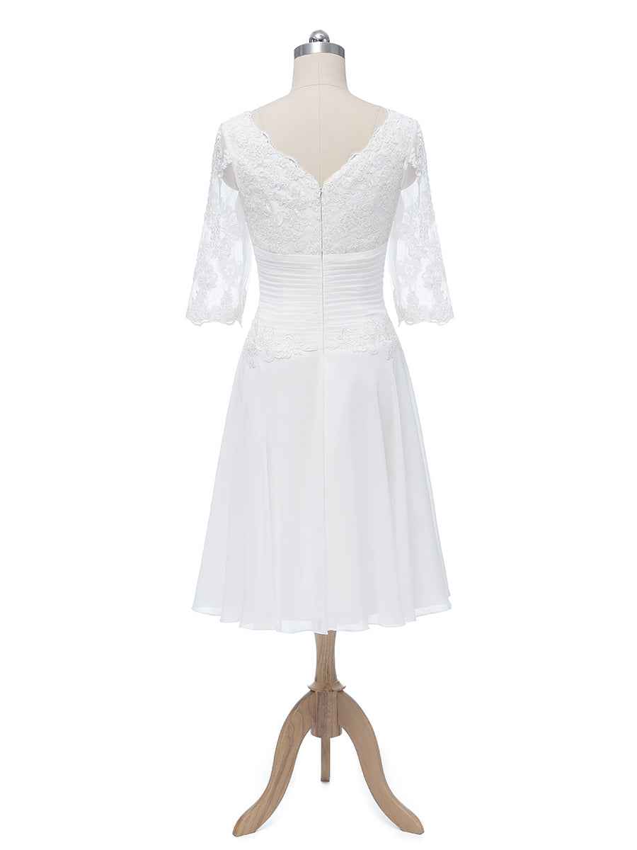 Princesa/Formato A Decote Em V Meia Manga Chiffon com Pregas Apliques Vestidos de Noiva Curtos