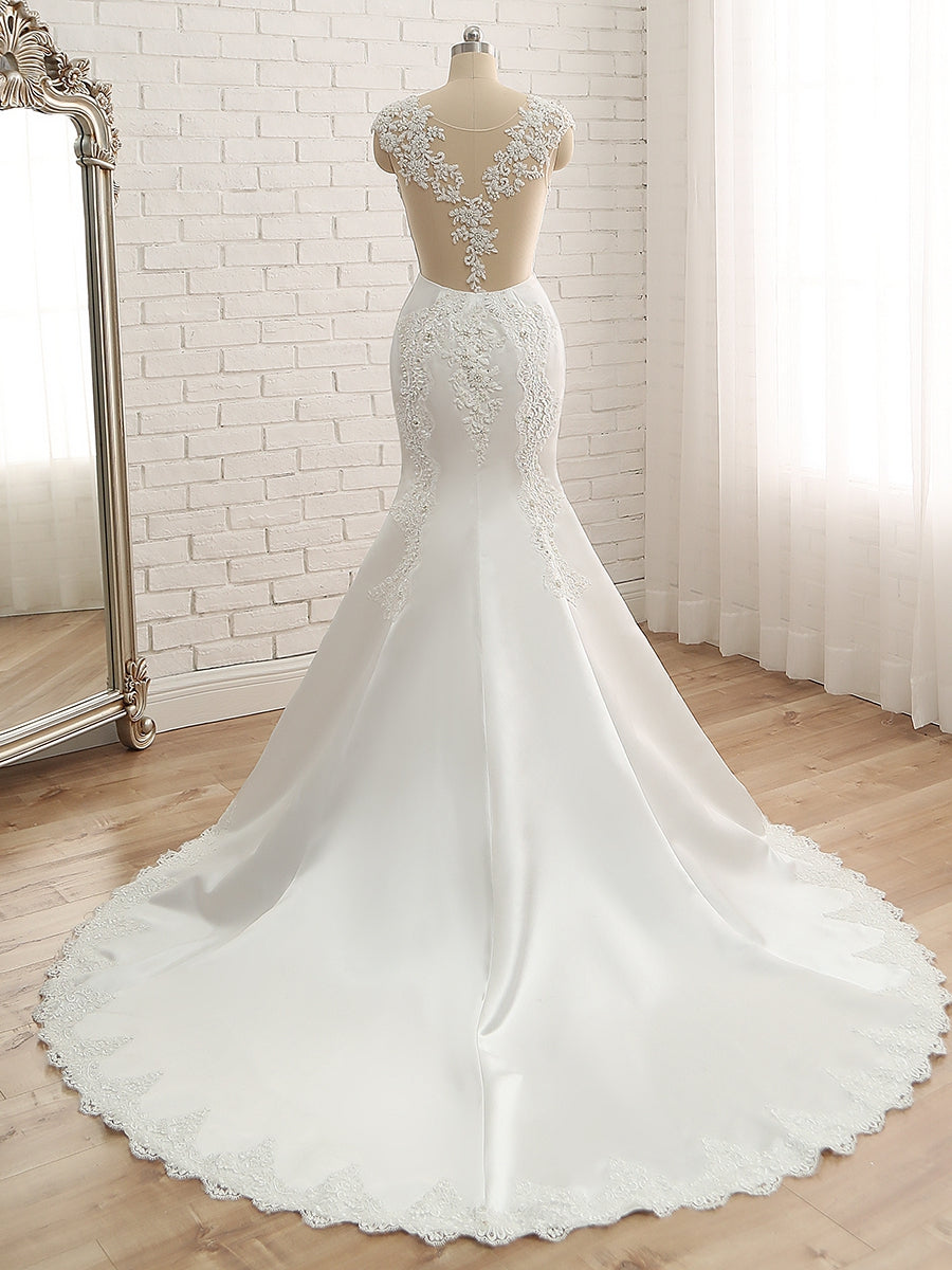 Trompete/Sereia Decote Redondo Sem Mangas Apliques com Miçangas Renda Cetim Cauda Vestidos de Noiva