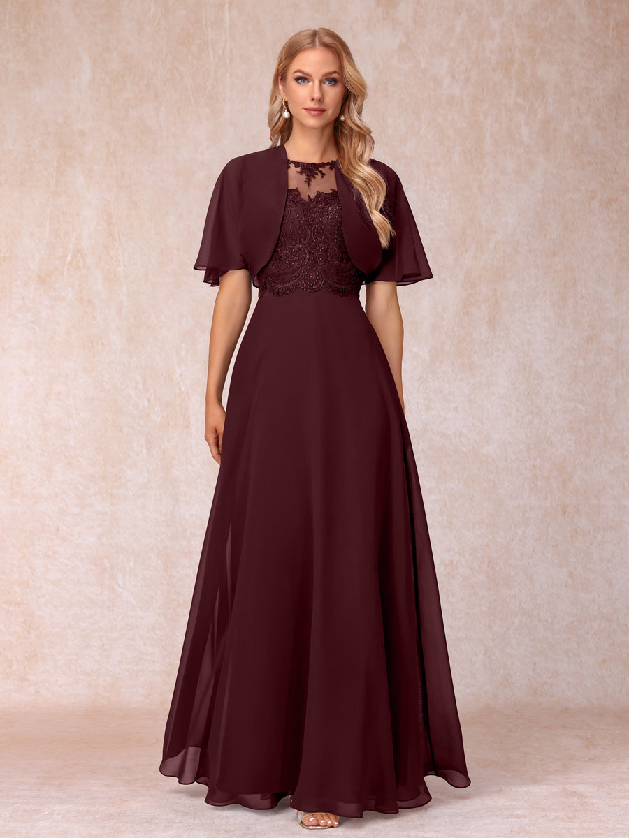 Vestidos Longos de Chiffon Evasê para Mãe Da Noiva com Jaqueta e Apliques