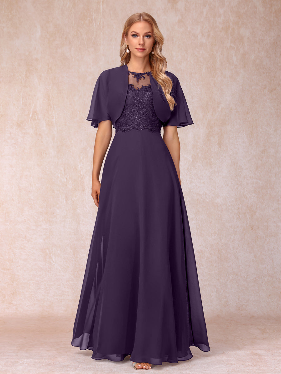 Vestidos Longos de Chiffon Evasê para Mãe Da Noiva com Jaqueta e Apliques