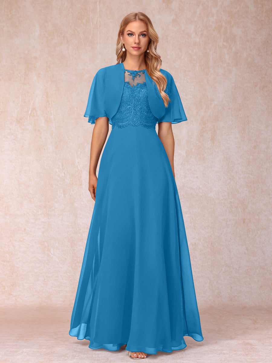 Vestidos Longos de Chiffon Evasê para Mãe Da Noiva com Jaqueta e Apliques