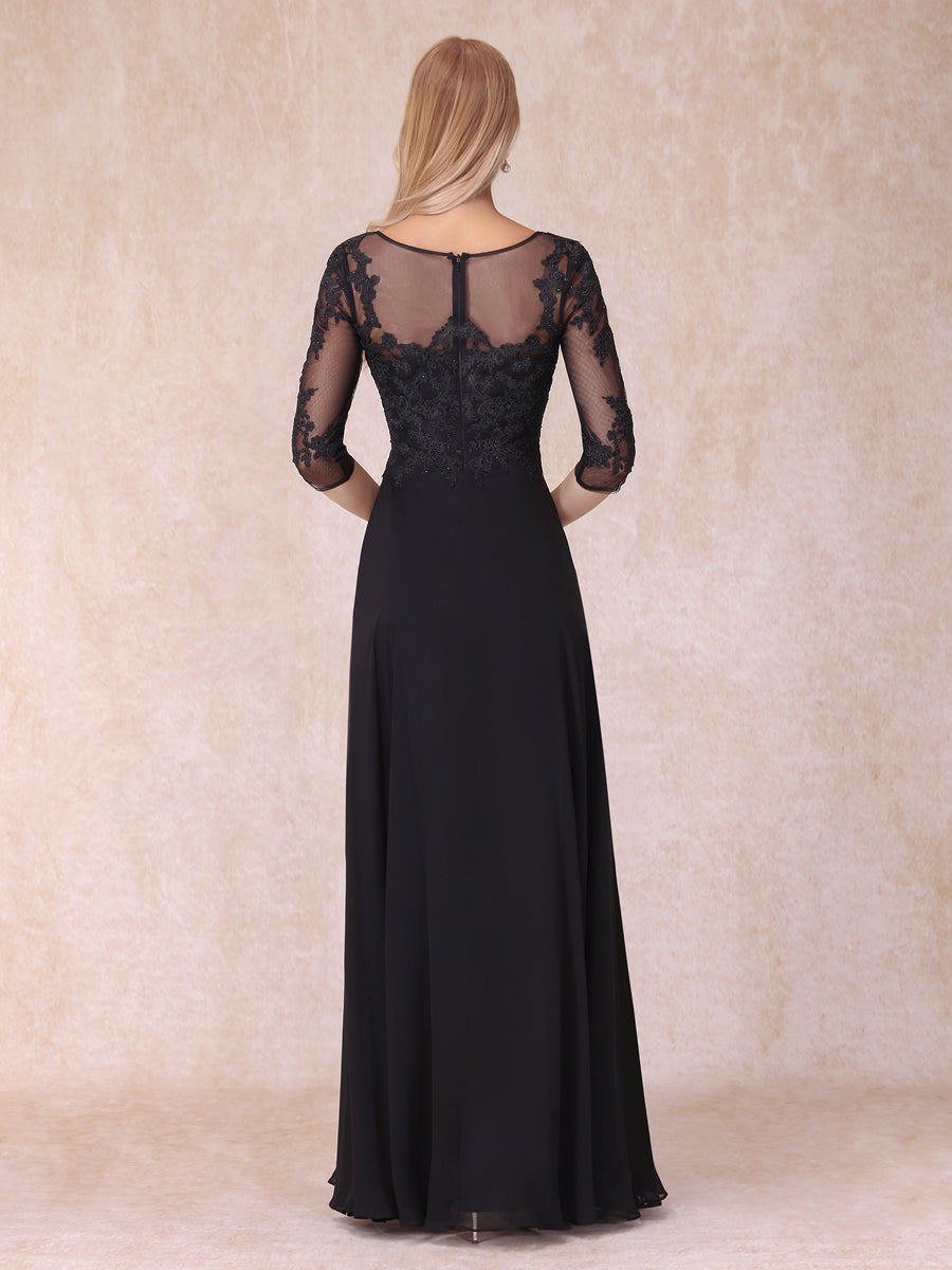 A-Line/Princesa Decote Em V Manga 3/4 Vestidos Longos de Noite Formais com Miçangas e Apliques