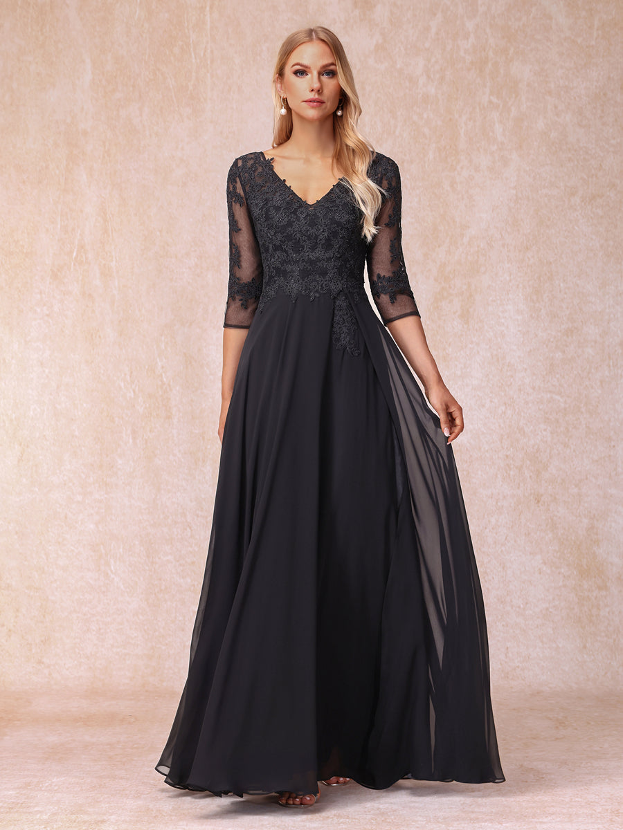 A-Line/Princesa Decote Em V Manga 3/4 Vestidos Longos de Noite Formais com Miçangas e Apliques
