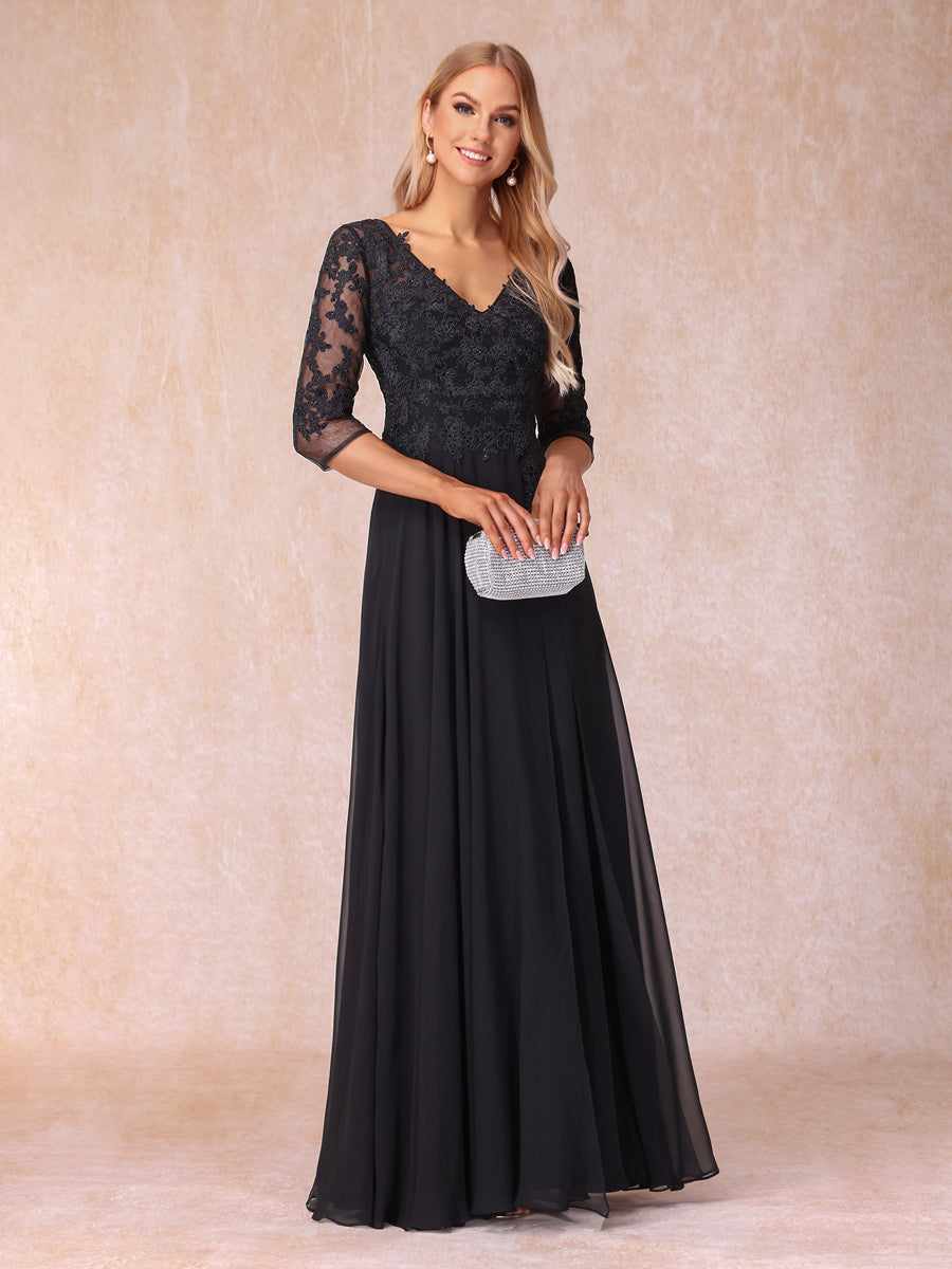 A-Line/Princesa Decote Em V Manga 3/4 Vestidos Longos de Noite Formais com Miçangas e Apliques