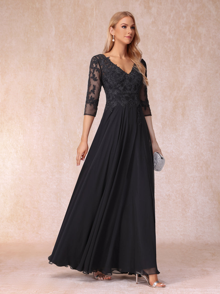 A-Line/Princesa Decote Em V Manga 3/4 Vestidos Longos de Noite Formais com Miçangas e Apliques