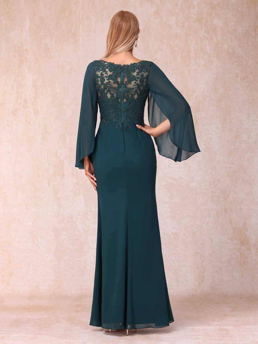 Bainha/Coluna Decote Em V Mangas Compridas Vestidos de Noite Formais Longos com Lantejoulas e Apliques