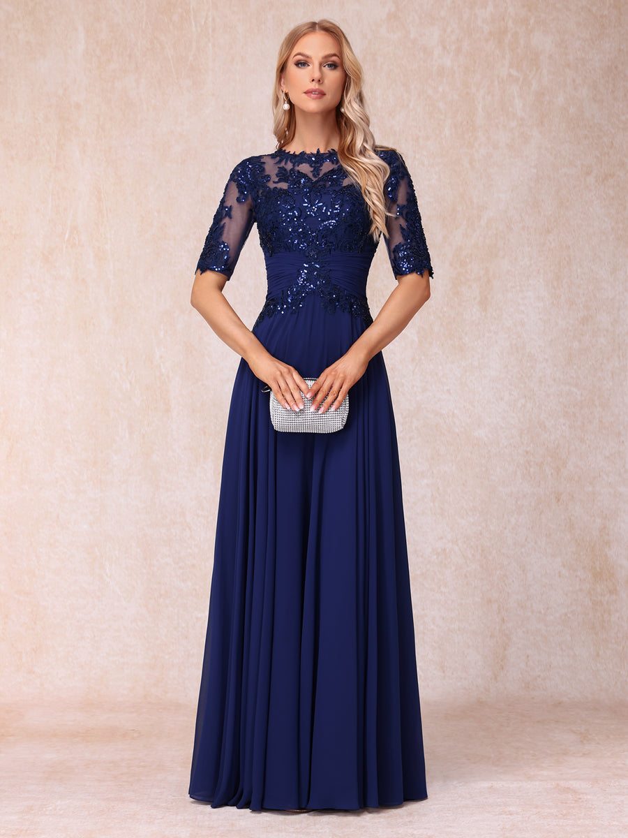 A-Line/Princesa Sheer Neck Meia Manga Longos Vestidos de Noite Formais com Lantejoulas