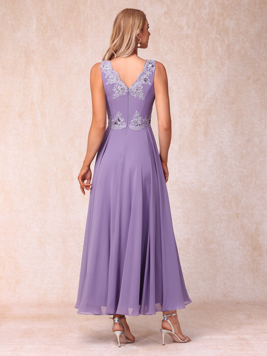 Vestidos de Noite Formais Longos Sem Mangas com Decote Em V A-Line/Princesa com Apliques e Jaqueta