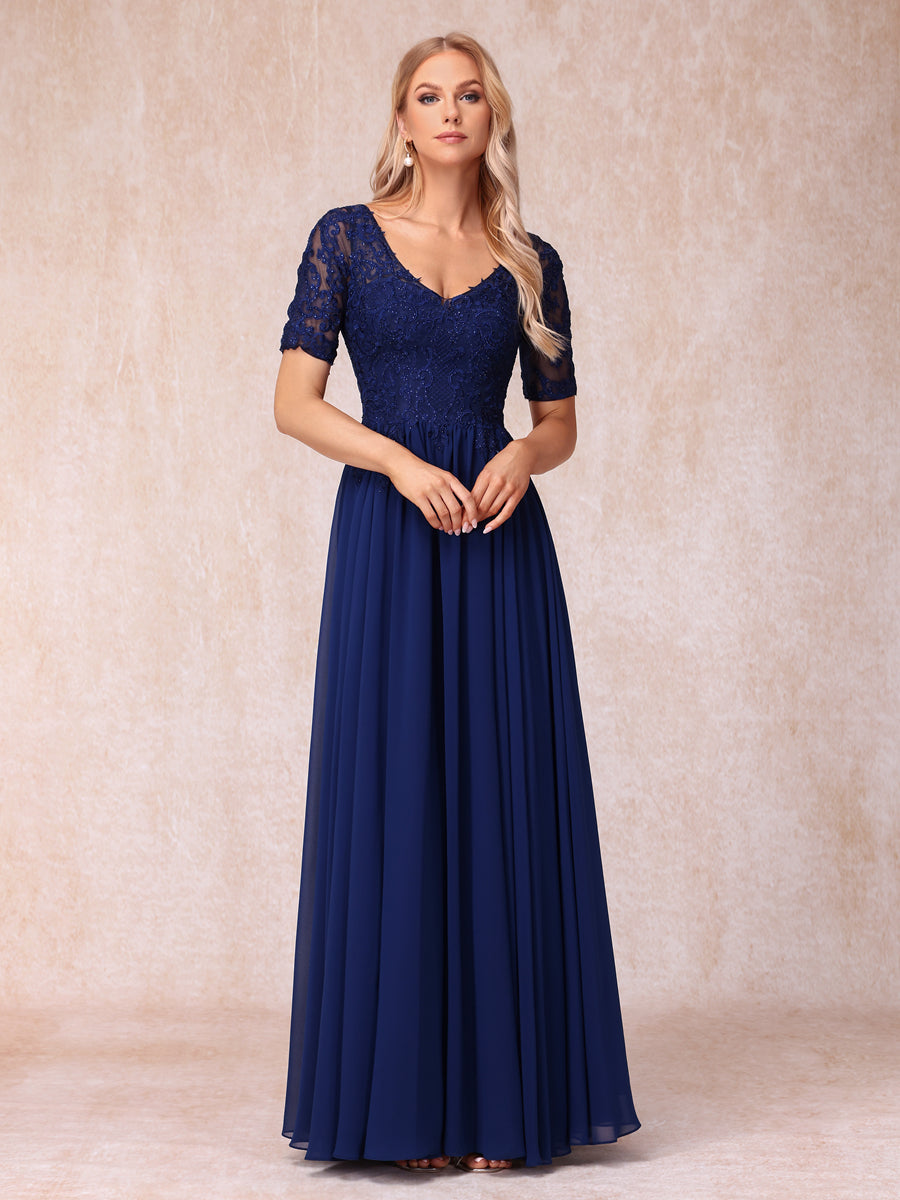 A-Line/Princesa com Decote Em V Mangas Curtas Vestidos Longos de Noite Formais com Miçangas e Apliques