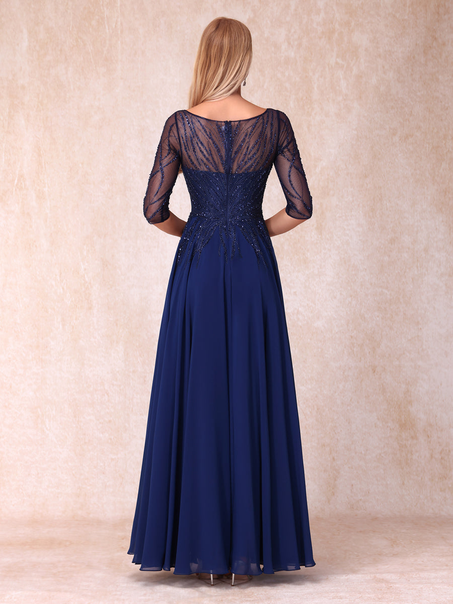 Vestidos de Noite Longos Formais/Princesa com Decote Em V Meia Manga Longos e Formais com Miçangas