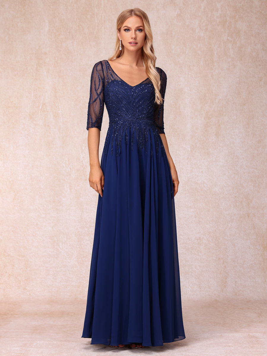 Vestidos de Noite Longos Formais/Princesa com Decote Em V Meia Manga Longos e Formais com Miçangas
