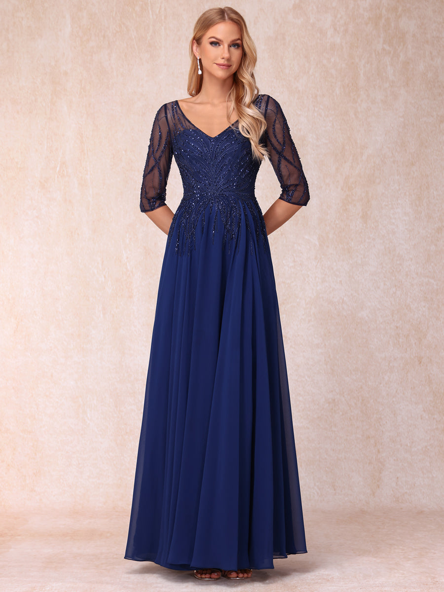 Vestidos de Noite Longos Formais/Princesa com Decote Em V Meia Manga Longos e Formais com Miçangas