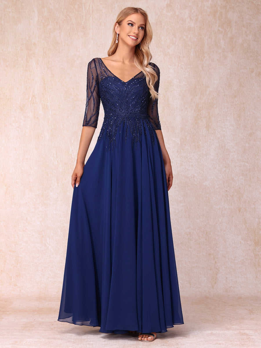 Vestidos de Noite Longos Formais/Princesa com Decote Em V Meia Manga Longos e Formais com Miçangas