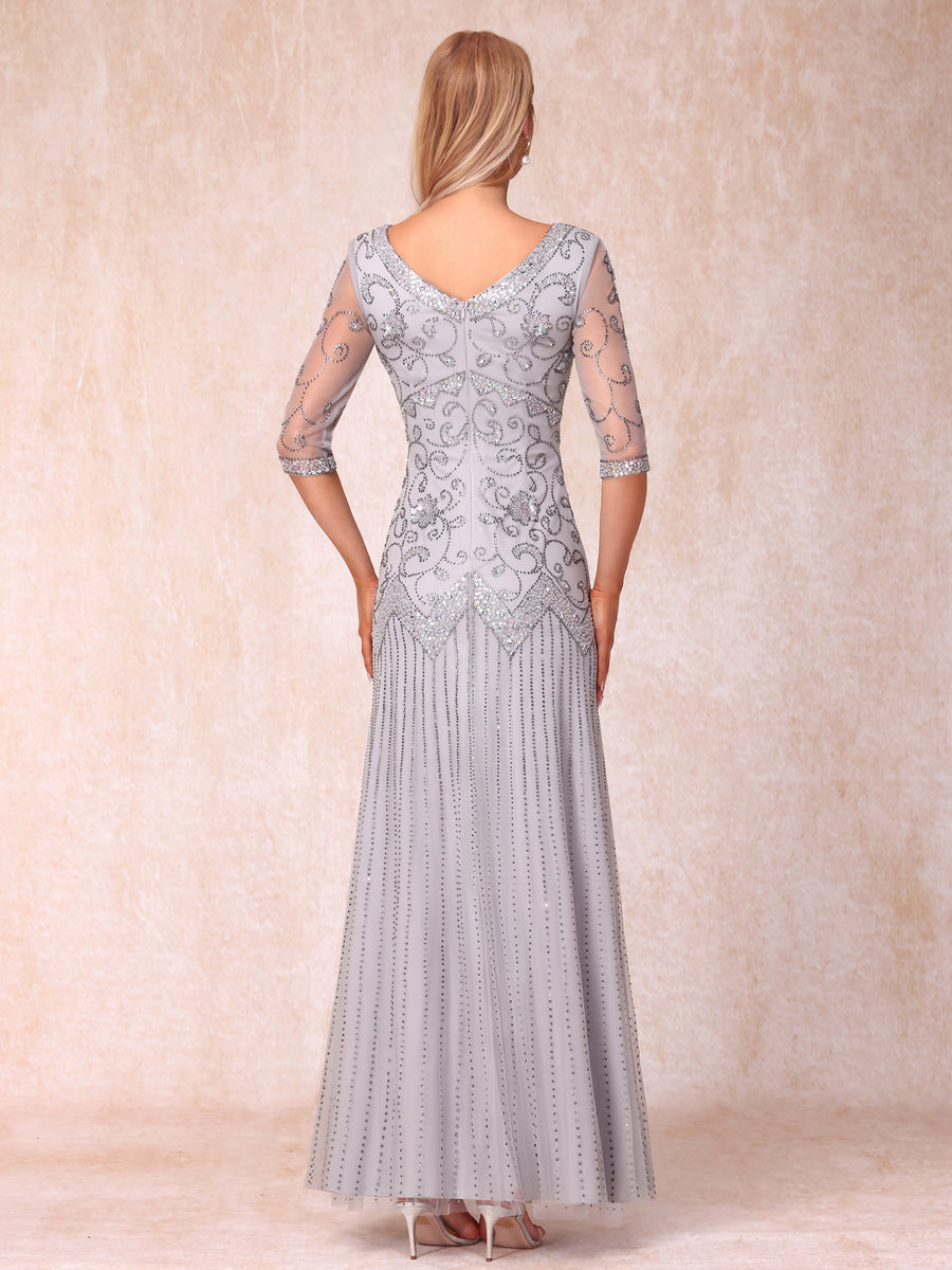 Bainha/Coluna Decote Em V Manga 3/4 Vestidos Longos de Noite Formais com Miçangas e Lantejoulas