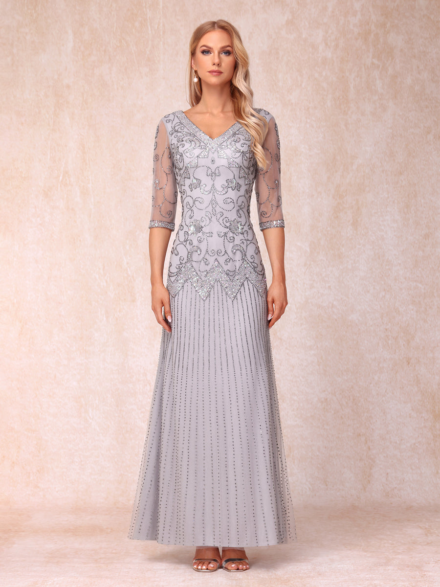 Bainha/Coluna Decote Em V Manga 3/4 Vestidos Longos de Noite Formais com Miçangas e Lantejoulas