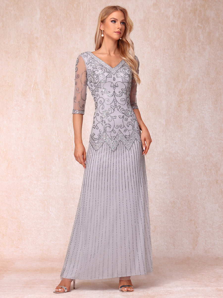 Bainha/Coluna Decote Em V Manga 3/4 Vestidos Longos de Noite Formais com Miçangas e Lantejoulas