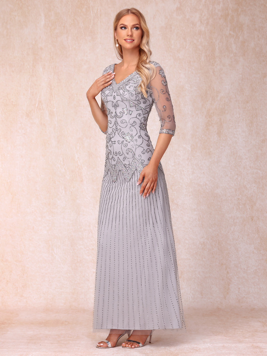 Bainha/Coluna Decote Em V Manga 3/4 Vestidos Longos de Noite Formais com Miçangas e Lantejoulas