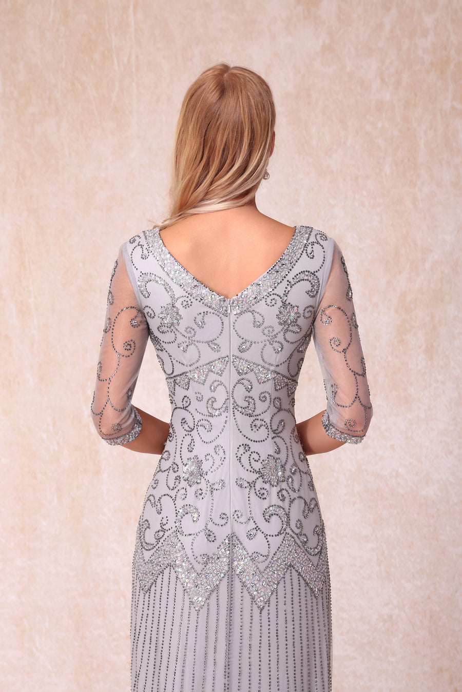 Bainha/Coluna Decote Em V Manga 3/4 Vestidos Longos de Noite Formais com Miçangas e Lantejoulas