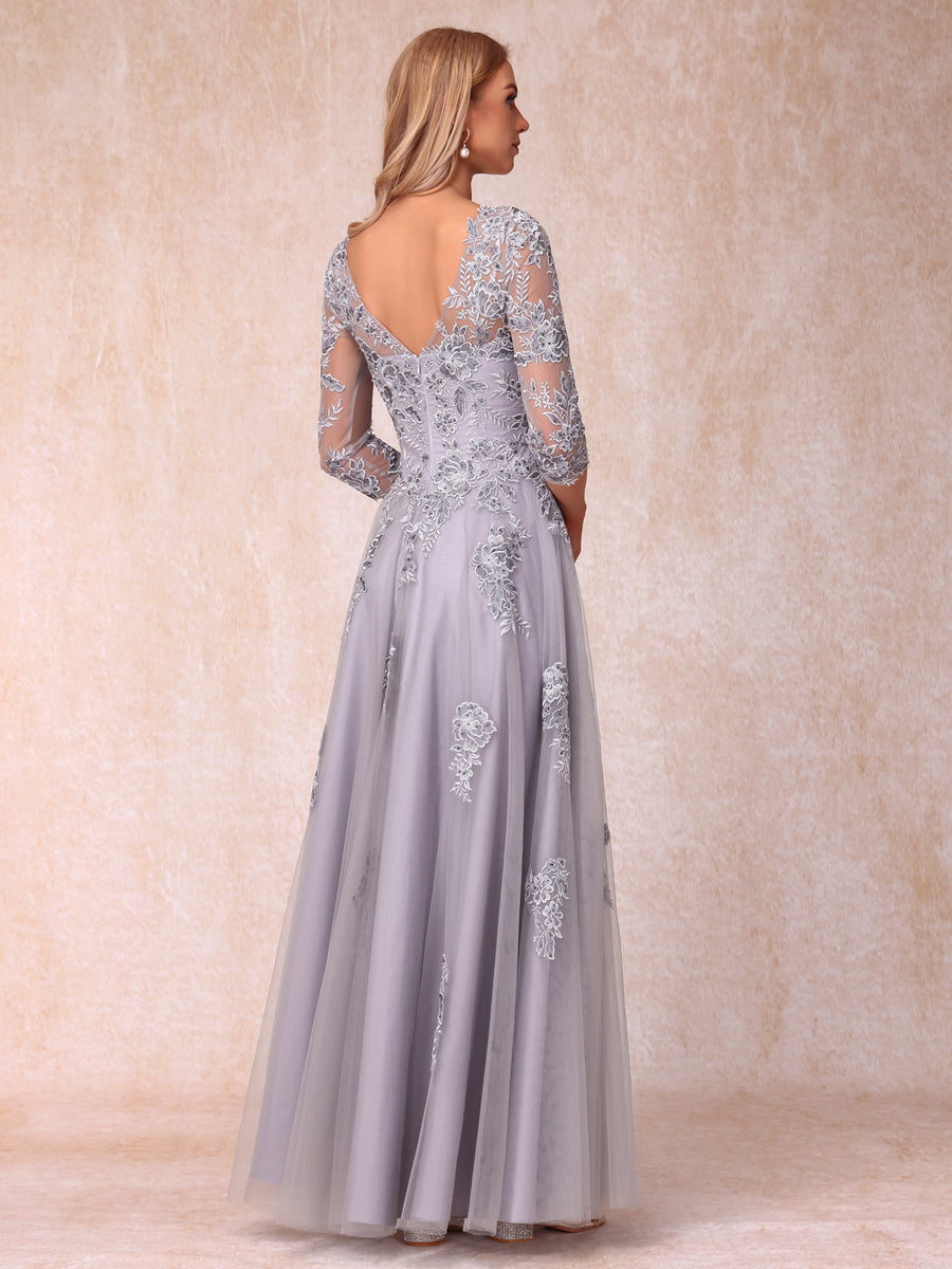 A-Line/Princesa Sheer Neck Meia Manga Longos Vestidos de Noite Formais com Beading e Apliques