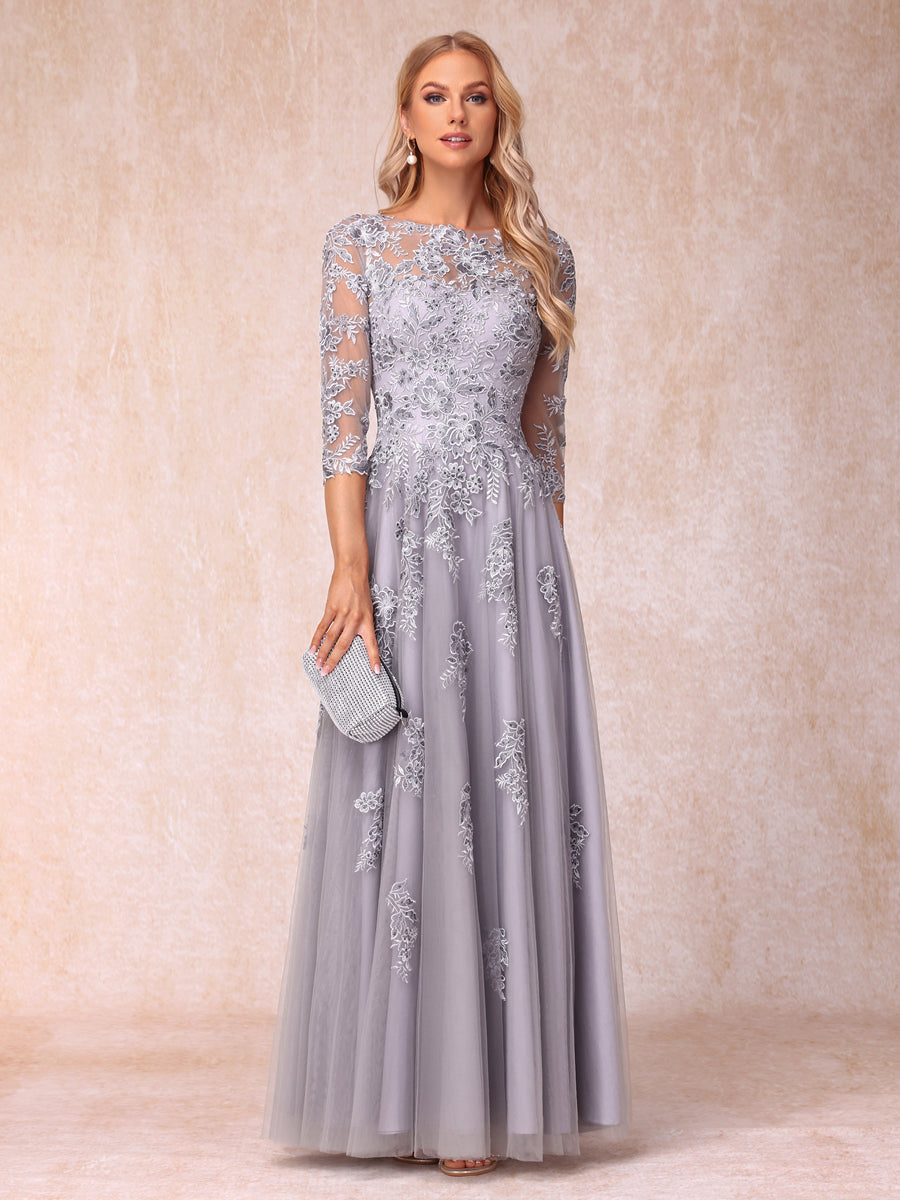 A-Line/Princesa Sheer Neck Meia Manga Longos Vestidos de Noite Formais com Beading e Apliques