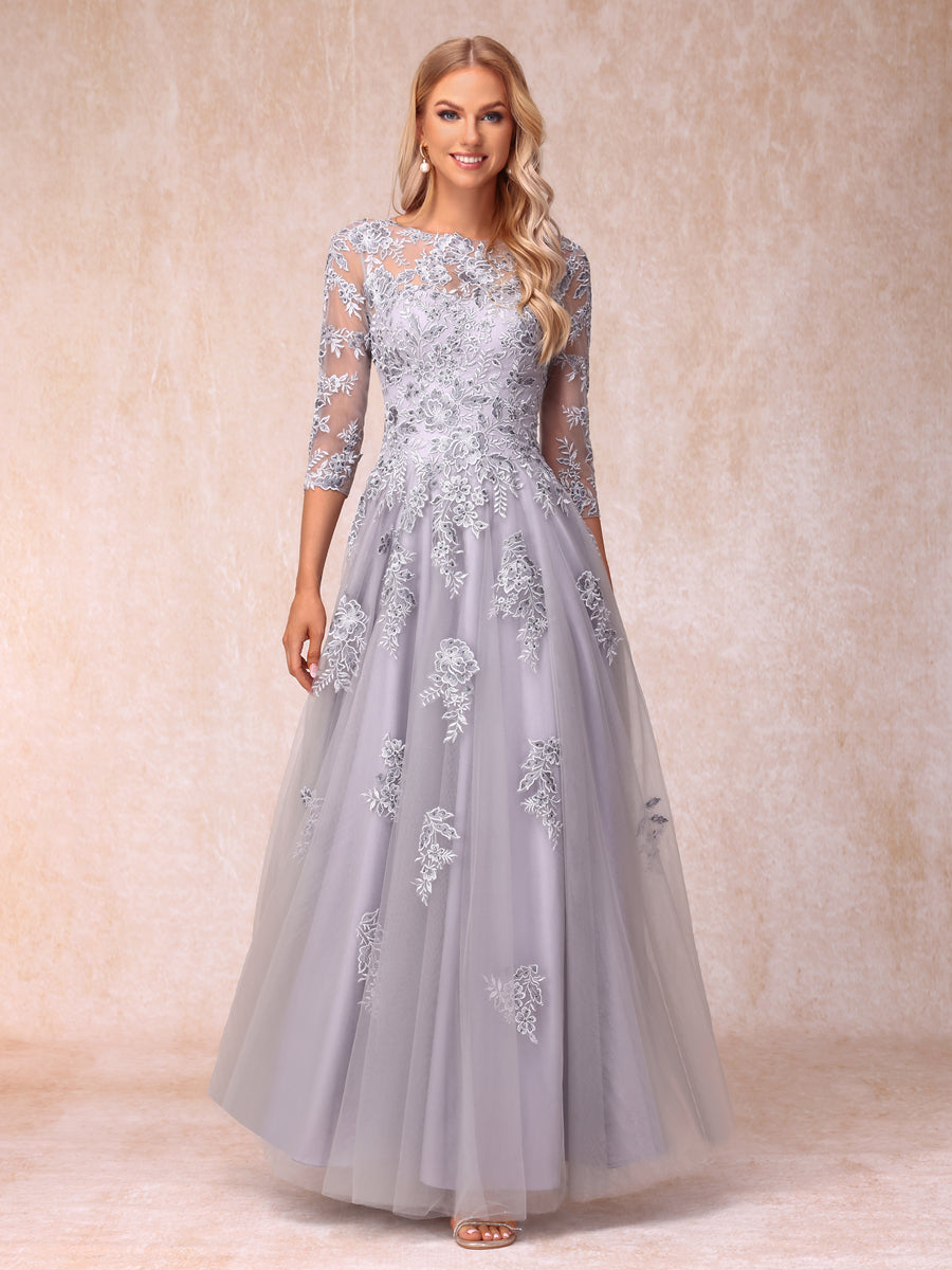 A-Line/Princesa Sheer Neck Meia Manga Longos Vestidos de Noite Formais com Beading e Apliques