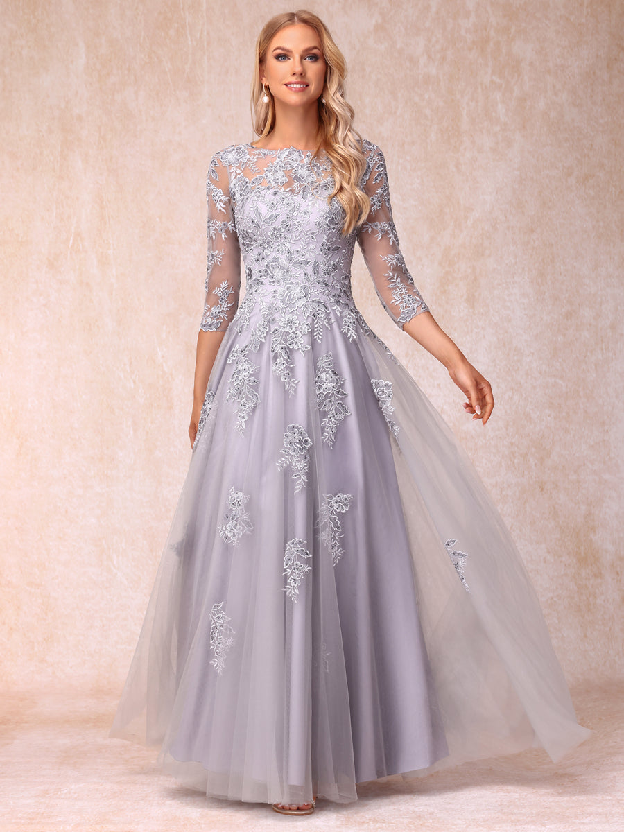 A-Line/Princesa Sheer Neck Meia Manga Longos Vestidos de Noite Formais com Beading e Apliques