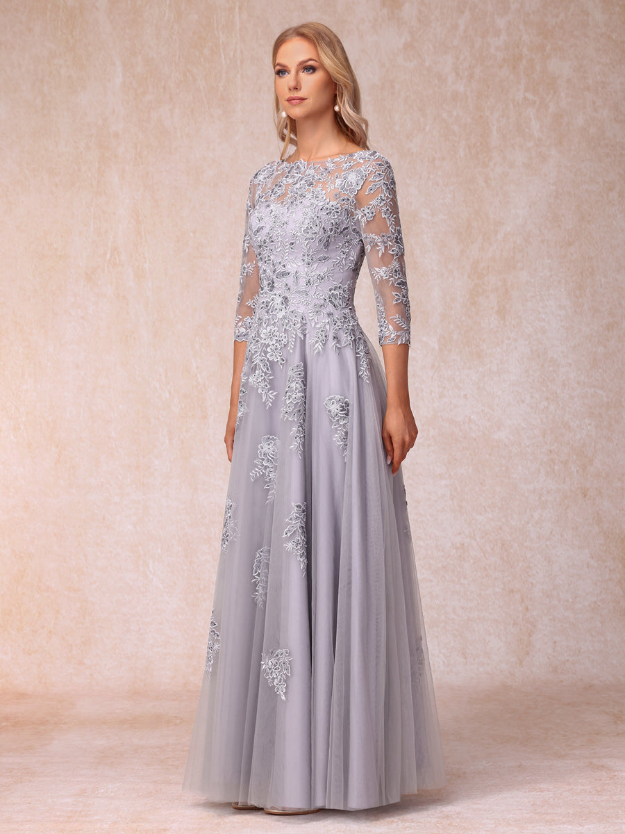 A-Line/Princesa Sheer Neck Meia Manga Longos Vestidos de Noite Formais com Beading e Apliques