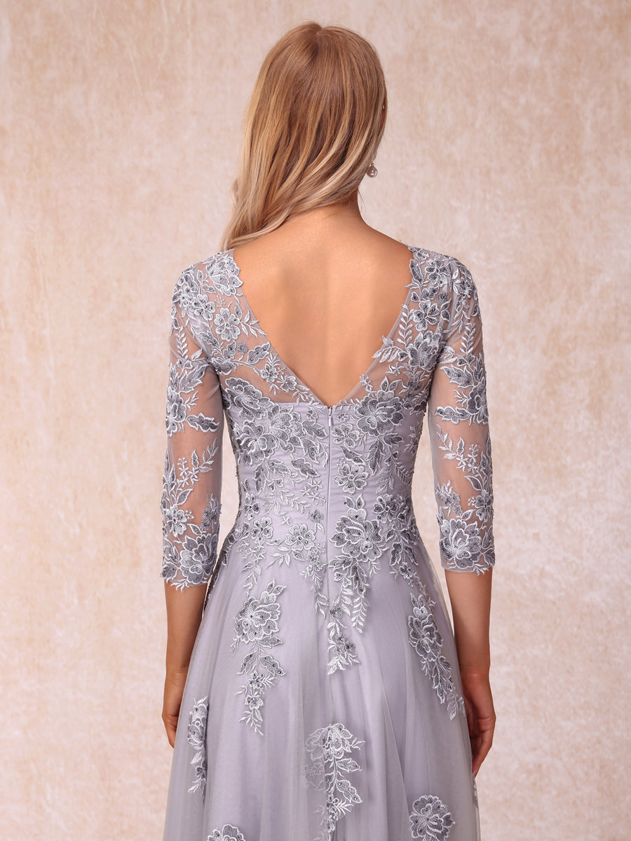 A-Line/Princesa Sheer Neck Meia Manga Longos Vestidos de Noite Formais com Beading e Apliques