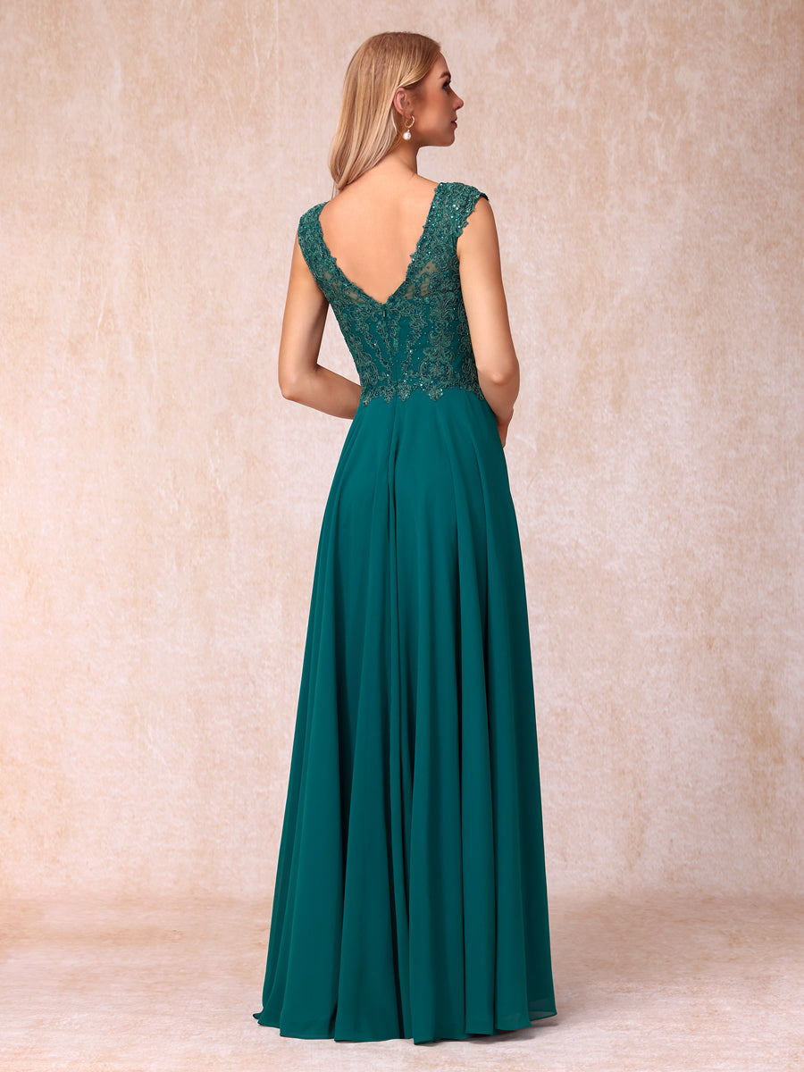 Vestidos de Noite Formais Longos Sem Mangas com Decote Em V Evasê/Princesa com Miçangas e Apliques