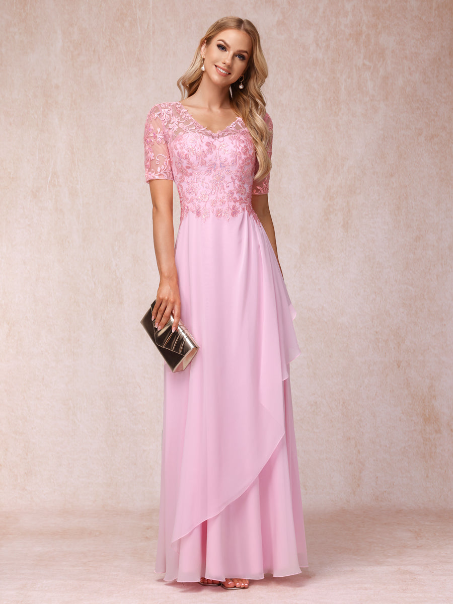 A-Line/Princesa Decote Em V Mangas Curtas Vestidos Longos de Noite Formais com Apliques