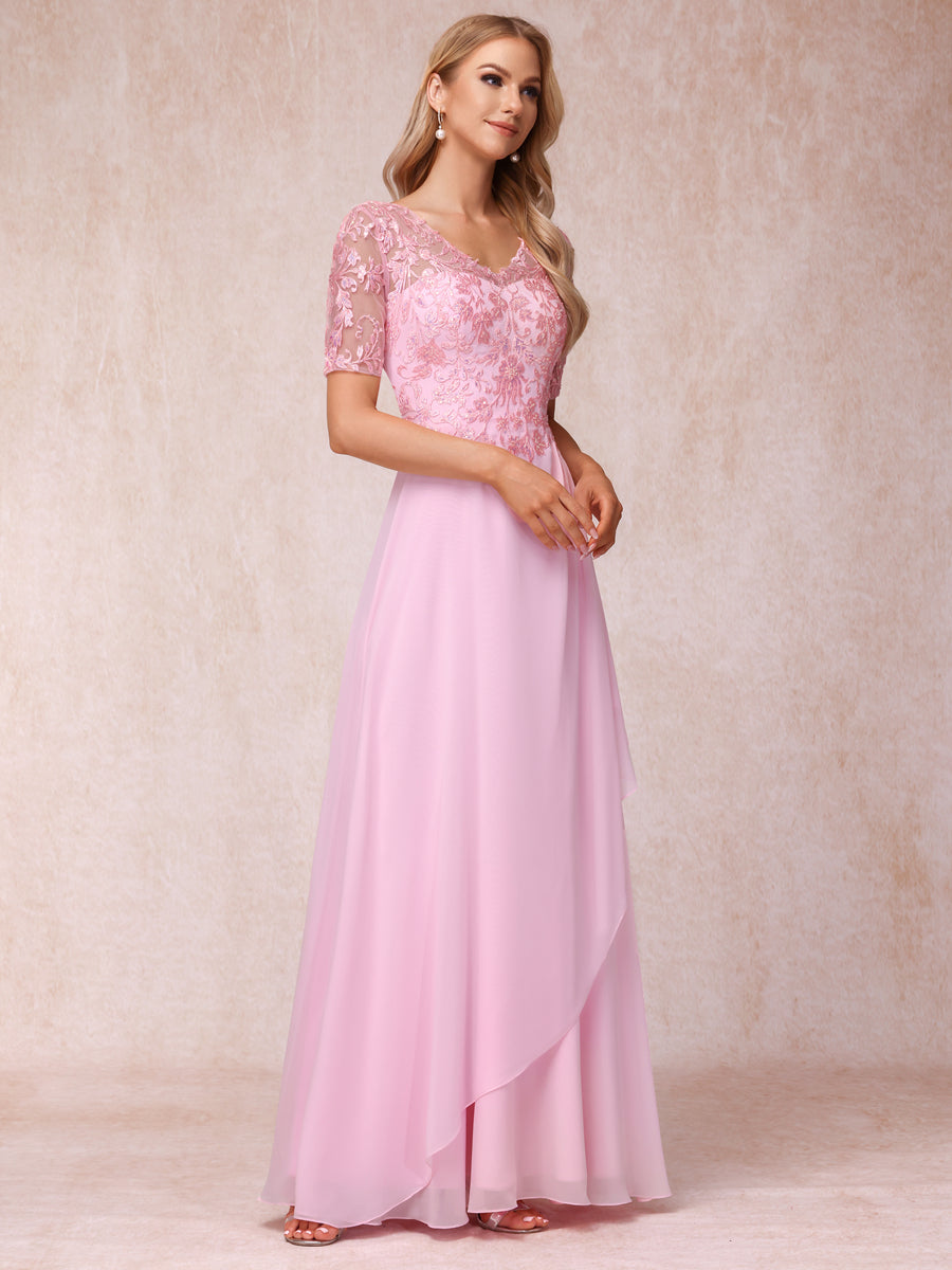 A-Line/Princesa Decote Em V Mangas Curtas Vestidos Longos de Noite Formais com Apliques