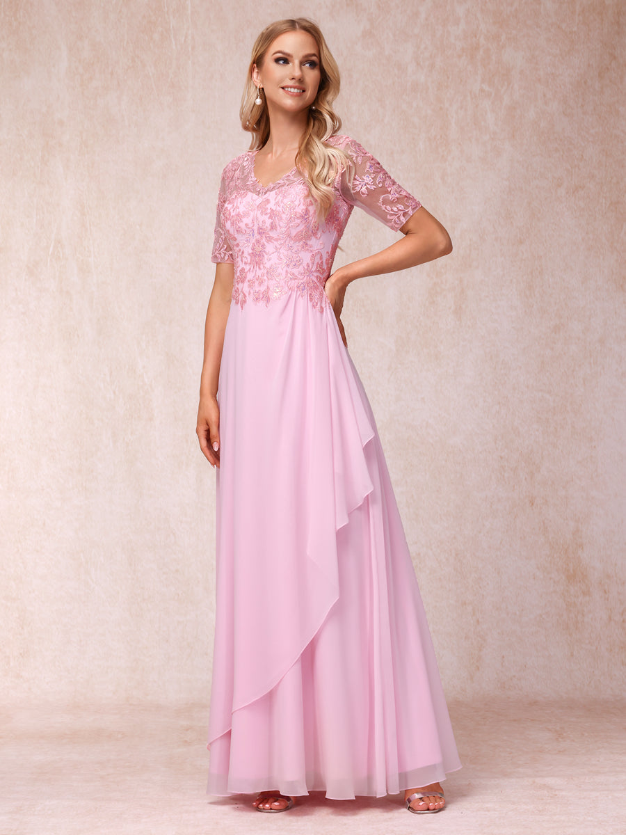 A-Line/Princesa Decote Em V Mangas Curtas Vestidos Longos de Noite Formais com Apliques