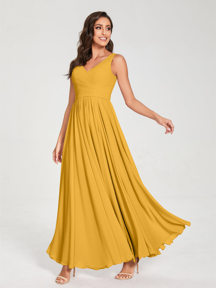 Princesa/Formato A Decote Em V Sem Mangas com Pregas Até Ao Chão Vestidos de Madrinha