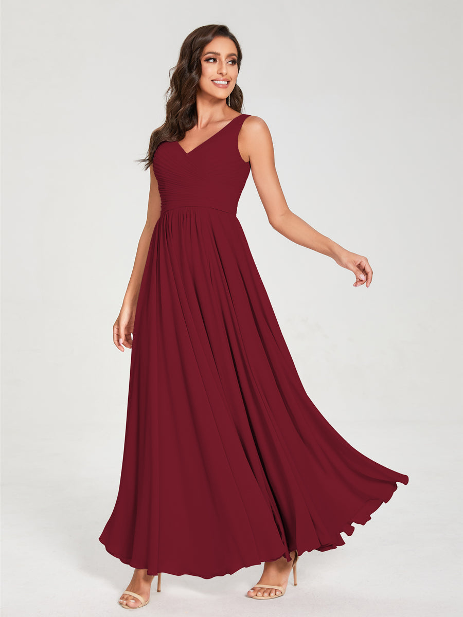 Princesa/Formato A Decote Em V Sem Mangas com Pregas Até Ao Chão Vestidos de Madrinha