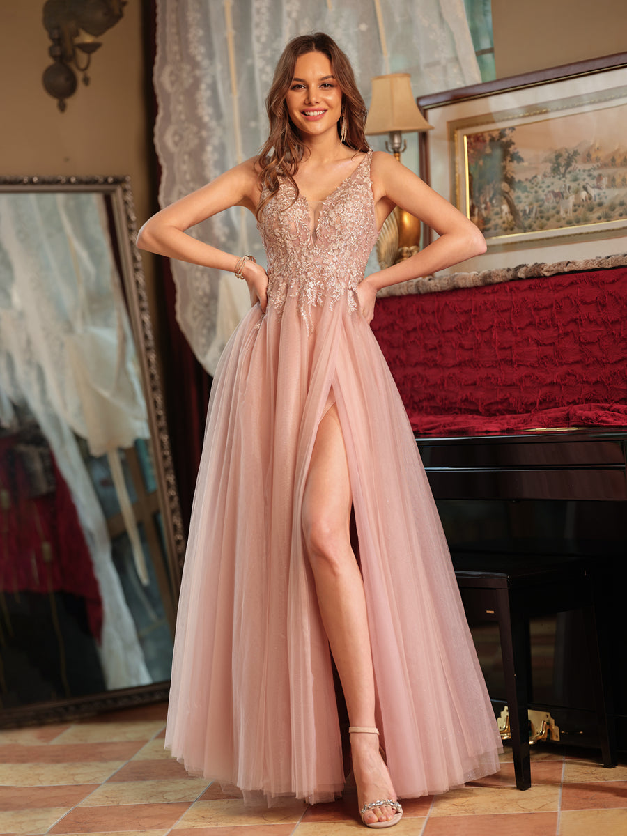 Corte A/Princesa Decote Em V Tule Apliques Laterais Longos Vestidos de Baile