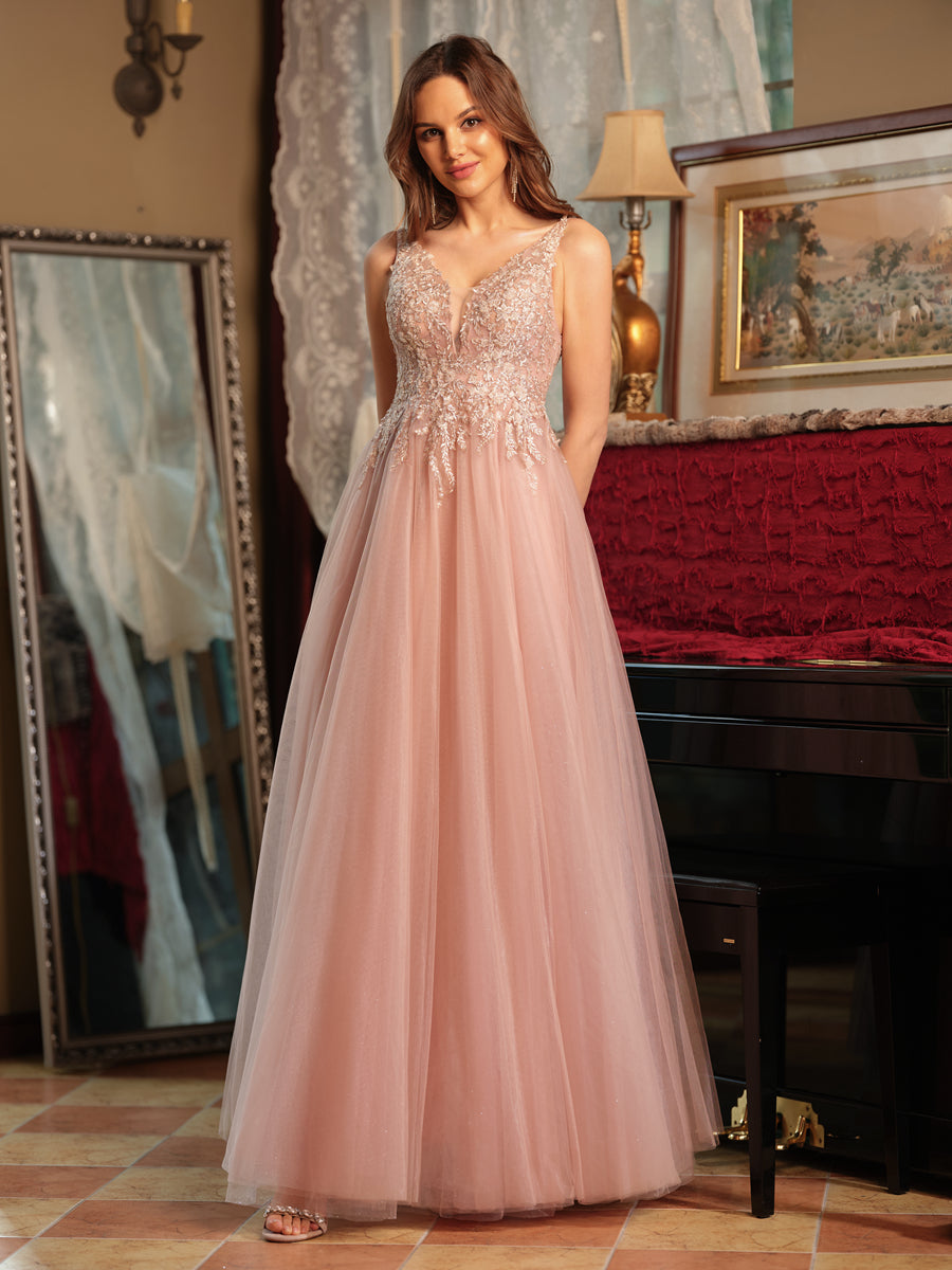 Corte A/Princesa Decote Em V Tule Apliques Laterais Longos Vestidos de Baile