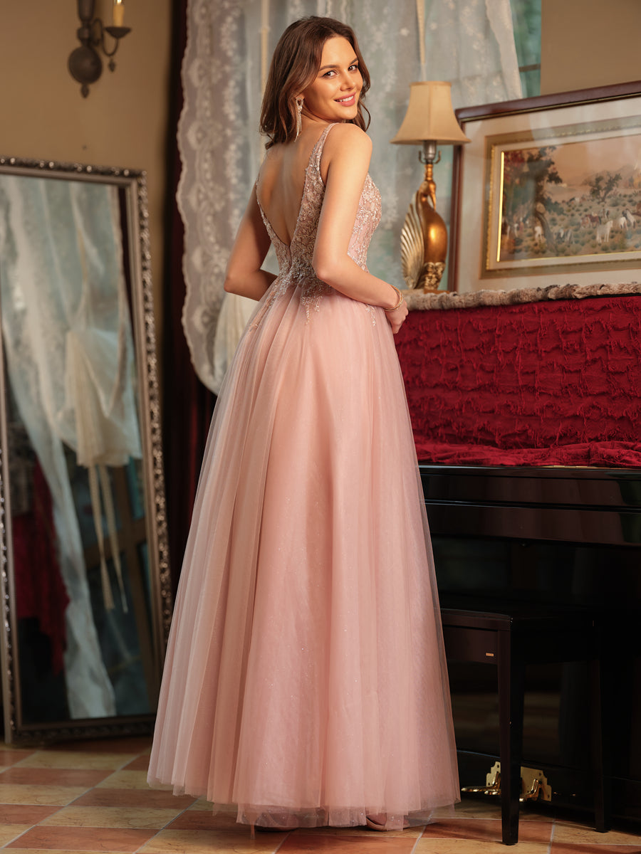 Corte A/Princesa Decote Em V Tule Apliques Laterais Longos Vestidos de Baile