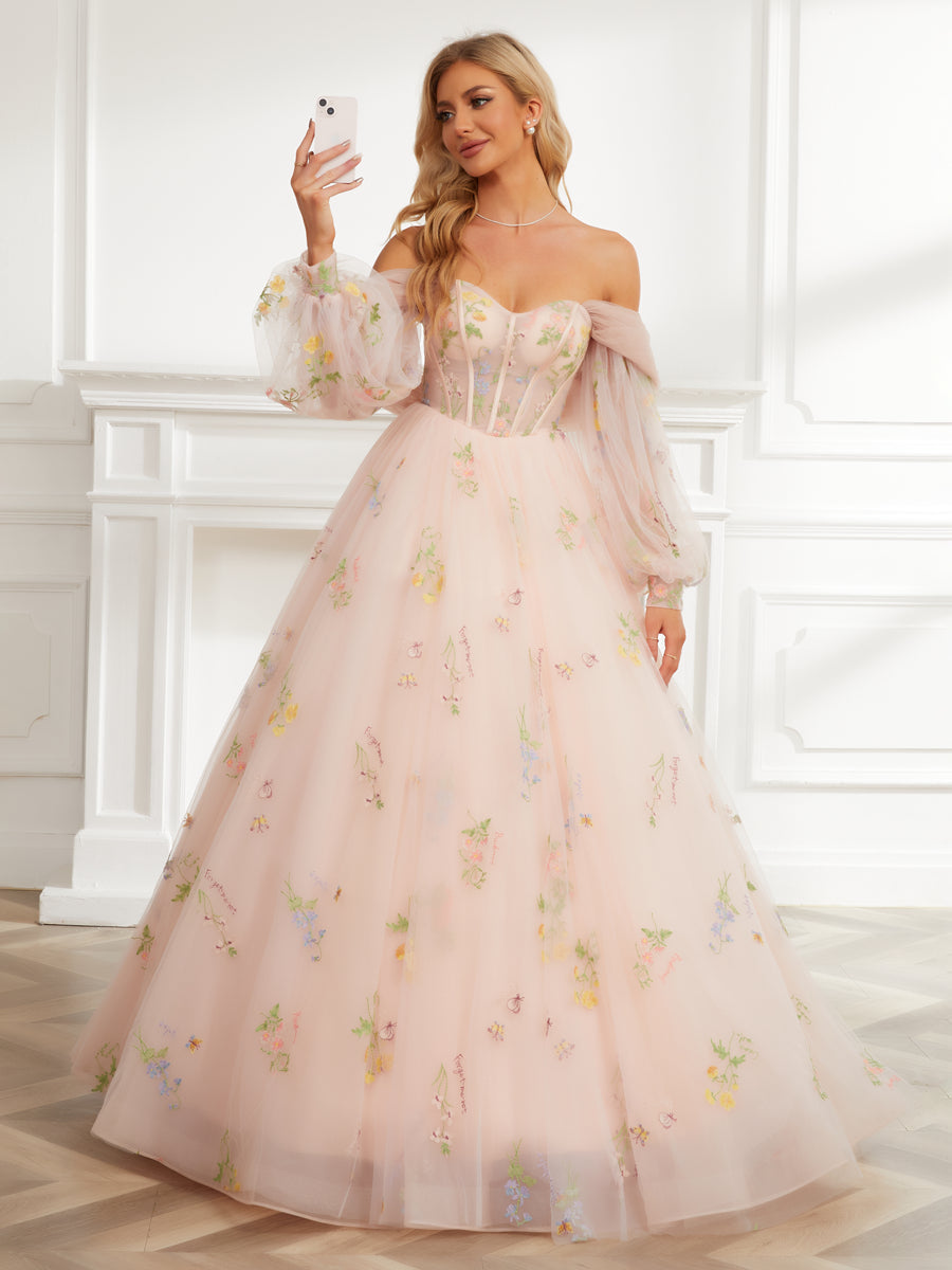 Vestido de Baile Querida Bordado Tule Vestidos de Baile Longos com Xale Destacável e Mangas