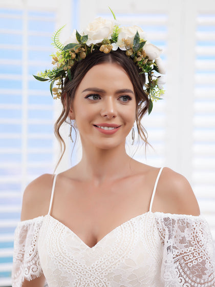 Artificial Marfim Guirlanda de Noiva Tiaras Coroas de Flores de Casamento com Fita Champanhe