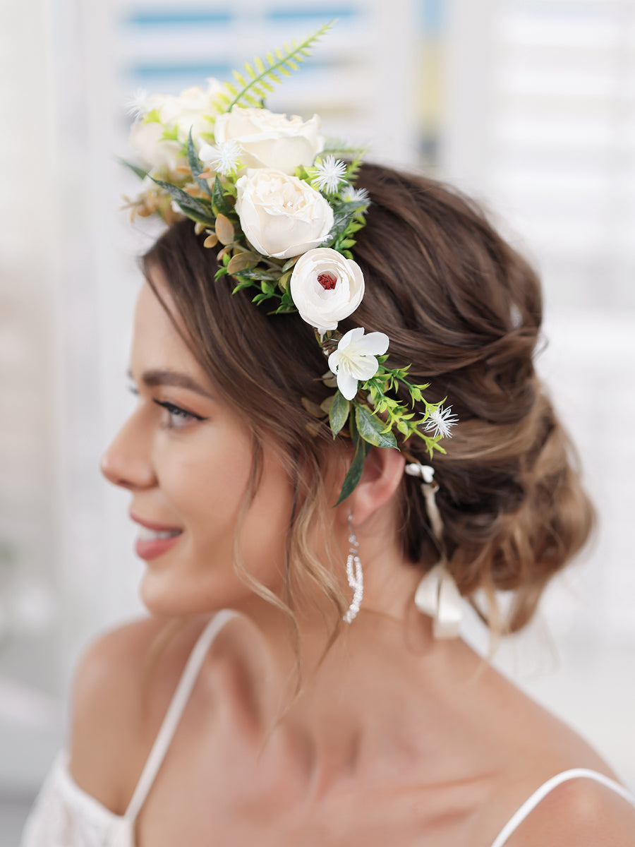 Artificial Marfim Guirlanda de Noiva Tiaras Coroas de Flores de Casamento com Fita Champanhe