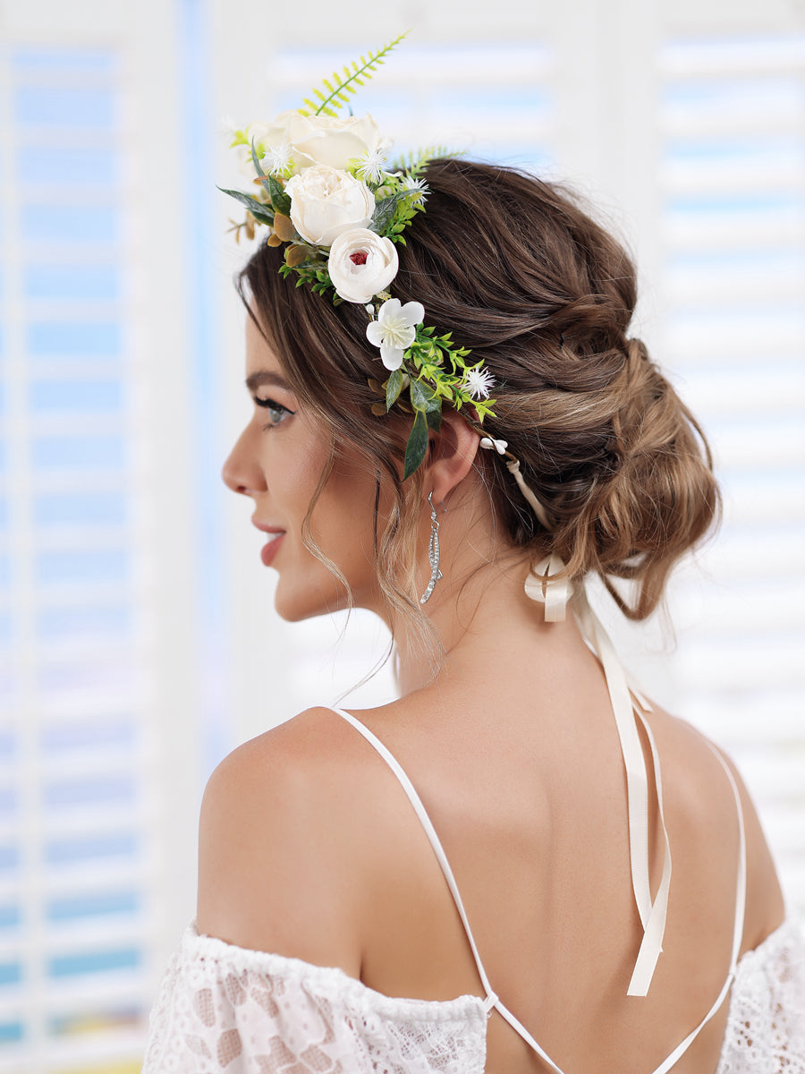 Artificial Marfim Guirlanda de Noiva Tiaras Coroas de Flores de Casamento com Fita Champanhe
