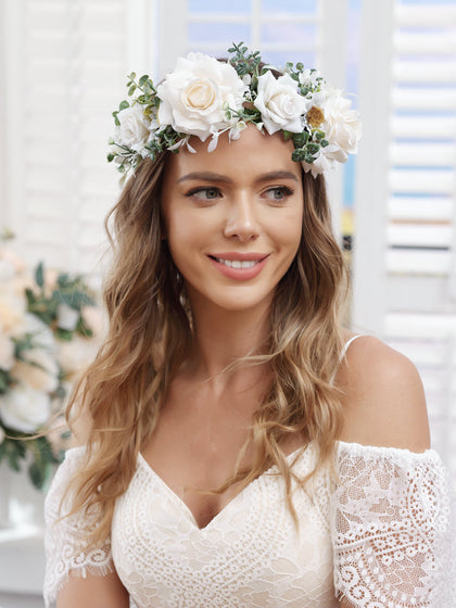 Coroas de Flores Brancas Artificiais para Casamento com Fita de Marfim