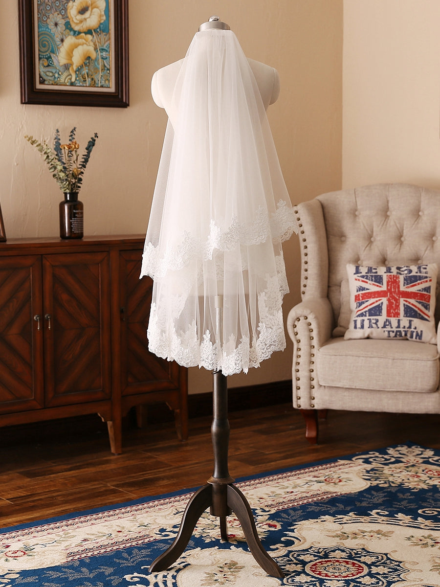 Charmoso Tule de 2 Camadas com Véus de Casamento de Renda