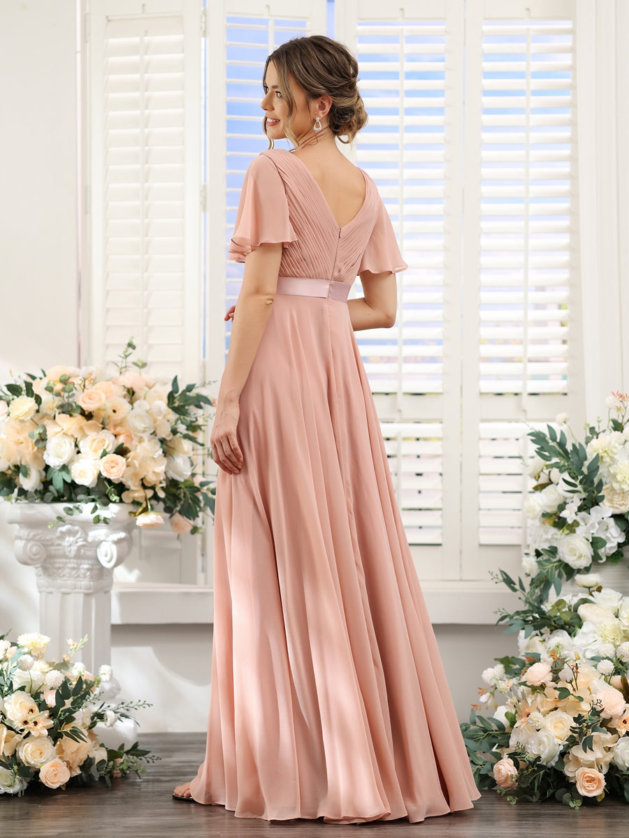 Vestidos de Dama de Honra Em Chiffon com Mangas Curtas e Decote Em V com Bolsos